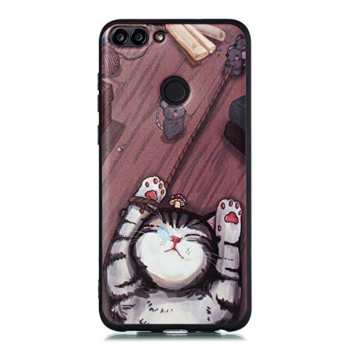 Jorisa Soft Silicone Gel Case for Huawei P Smart,Flexible TPU Ultra-Thin Matte Case,Cute Cartoon Lazy Cat Mouse Pattern Design with Shockproof Rubber Protective Back Cover,Brown