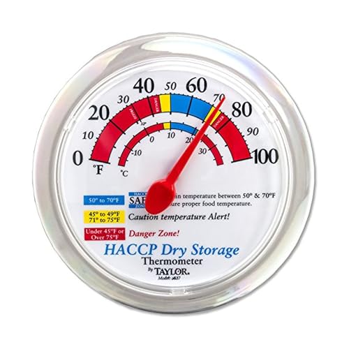 Taylor Prep and Dry Storage Wall Thermometer with Mounting Bracket, Color-Coded Temperature Zones for Dry Storage Food, Silver