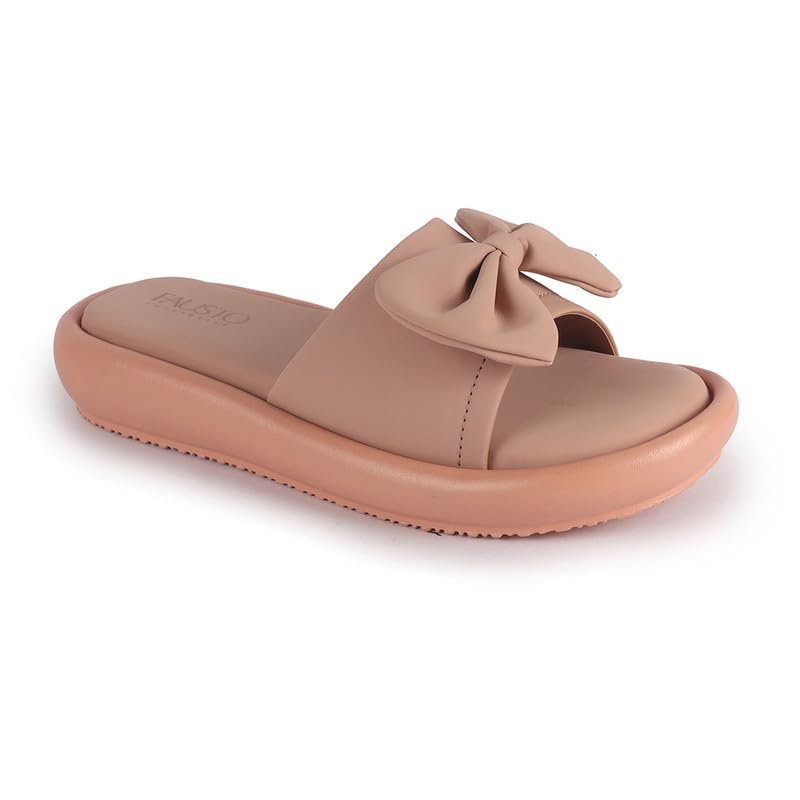 Image of FAUSTO Women Open Toe Bow Design Slip On Sliders | Extra Comfort Cushioned Insole Slippers | Classic Flat Sandals for All Day Long