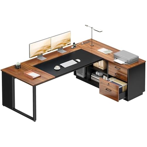 AODK 71 Inch L Shaped Executive Desk with Storage, Walnut+ Black