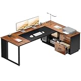 AODK 71 Inch Executive Desk, L Shaped Desk with Drawers and File Cabinet, Large Office Desk with Storage Shelves, Corner Computer Desk for Home Office, Walnut + Black
