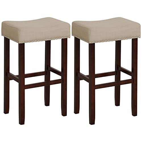 ERGOMASTER Bar Stools for Kitchen Island Set of 2 Bar Height 29 Inch Backless Barstools Modern Fabric Saddle Stools, Khaki/Brown