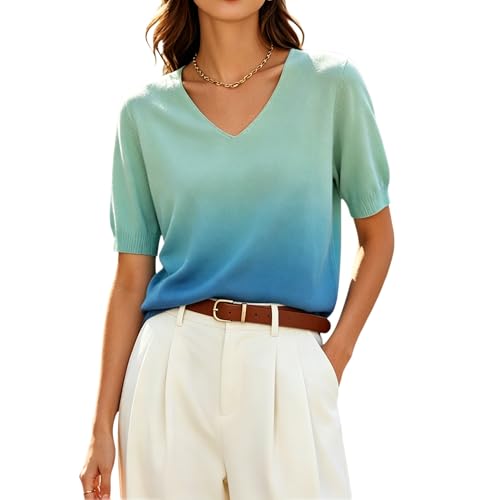 Image of DAIMIDY Women's Short Sleeve Sweater V Neck Summer Knit Tops | Business Casual Tops| Soft,Lightweight,Breathable and Comfortable| Perfect for Shopping,Date,Vacation,Daily Wear Etc.