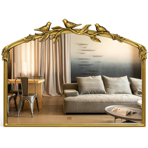 Awhtixbo Espejo Barroco Dorado Antiguo, 80 x 60(H) cm, Marco de Hierro Fundido Vintage con Flores de Resina talladas a Mano, Espejo de Pared inastillable para baño, Sala de Estar y Dormitorio