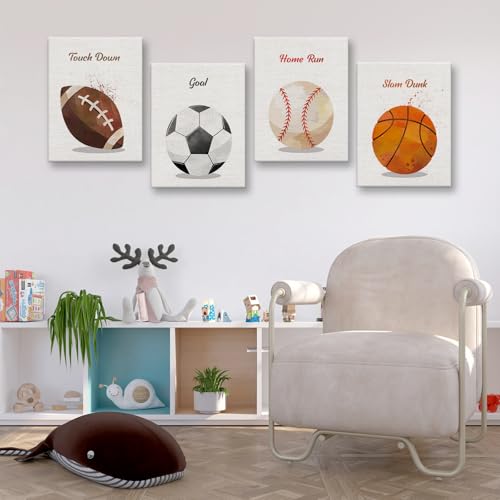 Image of Watercolor Sport Football Basketball Soccer Softball Boys Room Decor Canvas Wall Art Motivational Prints Paintings for Bedroom Nursery Playroom Classroom Funny Birthday Gifts 4PCS,Framed,8x10IN