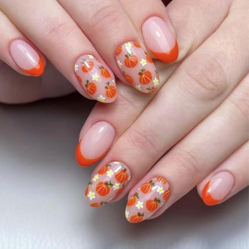 Thanksgiving Press on Nails Orange French Tip Fake Nails Pumpkin White Flower Designs Glossy Glue on Nails Short Round Thanksgiving Nails Press ons Acrylic Artificial Stick on Nails for Women 24Pcs