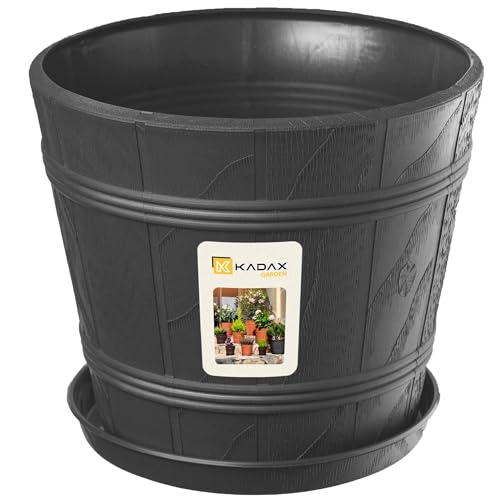 KADAX Blumentopf, Blumenkübel mit Untersetzer, Pflanzkübel für Innen- und Außenbereiche, Holzoptik, wetterfester Pflanztopf aus Kunststoff, Übertopf für Blumen, Garten, Balkon (Ø 42 cm, Grafit)