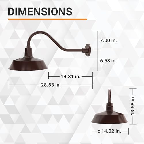 Image of 14in. Architectural Bronze Outdoor Gooseneck Barn Light Fixture with 22in. Long Extension Arm - Wall Sconce Farmhouse, Vintage, Antique Style - UL Listed - 9W 900lm A19 LED Bulb (5000K Cool White)