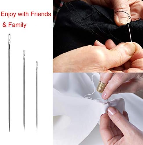 Her Kindness Self Threading Needles, 12 Pcs Large Eye Side Hanging Self Threading Needles, Stainless Steel Hand Sewing Darning Embroidery Pins, with Wood Sewing Needle Case