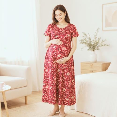 Image of Zero Clothing Feeding Dress for New Moms Casual Loungewear Ankle Length | Cotton Maternity Nighty | Zipless Feeding Dresses for Women | Pregnancy & Nursing Wear