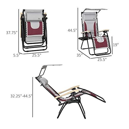 Outsunny Folding Zero Gravity Outdoor Recliner Patio Lounge Chair, Canopy Sun Shade, Headrest, Table Tray, Oxford Fabric, Wine Red #TOP2