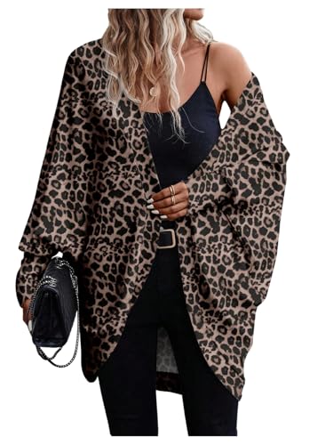 SOLY HUX Women's Leopard Print Oversized Coat Long Sleeve Open Front Cheetah Cardigan Jacket Outerwear Brown Leopard Large