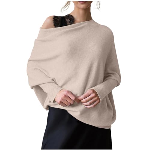 Womens Asymmetric Draped Jumper Long Batwing Sleeve Boat Neck Off The Shoulder Tunic Knit Winter Pullover Sweaters