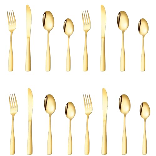 Image of aDai Aurum Gold Silverware Set, Satin Finish | 16-Piece Stainless Steel Flatware Set | Dishwasher Safe Kitchen Cutlery for Home, Restaurant & Gifting