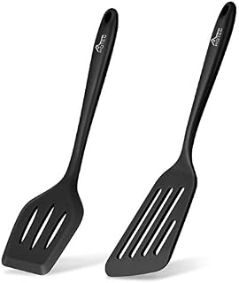 Hotec 2 pieces Food grade Silicone Slotted Fish Turner Spatula Set Kitchen Utensils for Baking, Cooking Heat Resistant Non Stick Cookware Strong Stainless Steel Core Inside Dishwasher Safe (Black)
