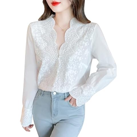 LAI MENG FIVE CATS Women's V Neck Lace Crochet See Through Floral Elegant Blouse Long Sleeve Tops Shirts White a Cover