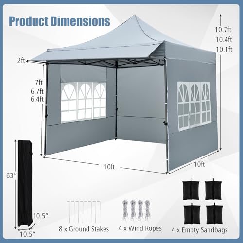 Image of Tangkula 10x10 FT Pop Up Canopy, Outdoor Tent with 3 Sidewalls & Awning, Wheeled Bag, 4 Sandbags, 8 Stake, 4 Ropes, Portable Canopy Tent for Party Picnic Event Beach Camping (Gray)