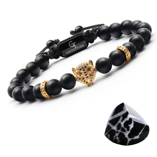 Men's Energy Bracelet with Gold Leopard Stainless Steel Bead, Adjustable Natural Gemstone Onyx Bracelet for Men