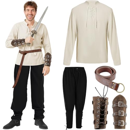 Costume d'Halloween pour homme style Viking médiéval avec pantalon et chemise de pirate