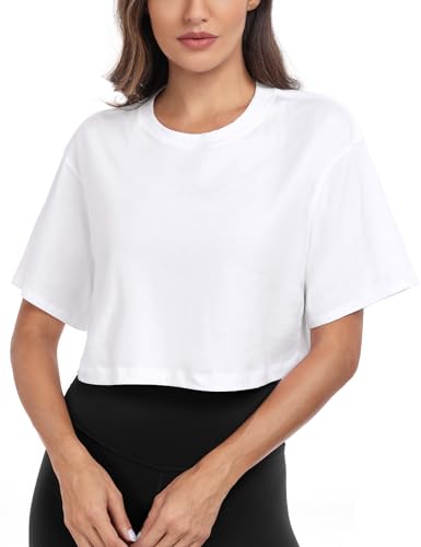 HeyNuts Pima Cotton Short Sleeve Workout Cropped Tops for Women Crew Neck Casual Basic Athletic Crop T-Shirt3
