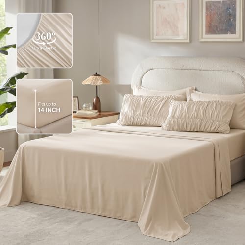 Image of Andency Ruched Full Size Comforter Sets Beige, 7 Pieces Ruffle Bed Set in a Bag, Shabby Chic Pleat Bedding Set with Comforter, Sheets, Pillowcase & Sham, Lightweight, Soft, All Season