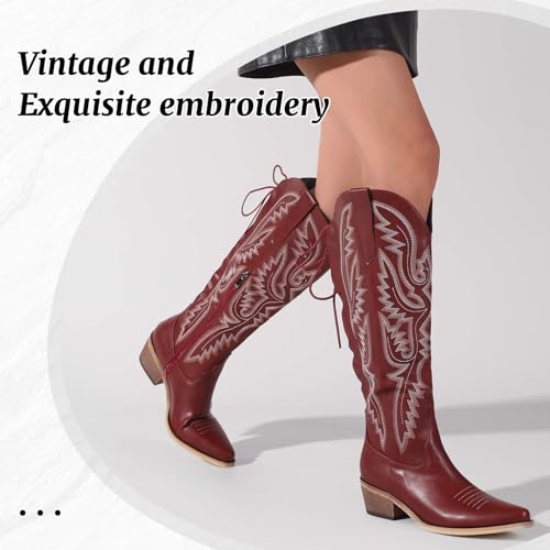 Cowboy Boots For Women Embroidered Wide Calf Boots With Back Lace Up Chunky Block Heels Pointed Toe Western Cowgirl Boot Comfortable Tall Boots for Prom Casual Trendy Shoes2