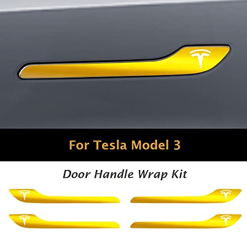 Image of IPG Compatible for Model 3 / Model Y /Juniper Door Handle Decal Sticker Wrap Kit (Set of 4) with Tesla Logo Personalize Your Tesla (Shiny Yellow)
