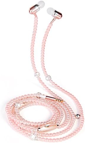 Pink Pearl Necklace Earphones Stereo Headphones Earbuds with Microphone In-ear Headset for Iphone Ipad Samsung Mp3 Player and All 3.5mm Audio Devices Cute Fashionable Jewelry Gift