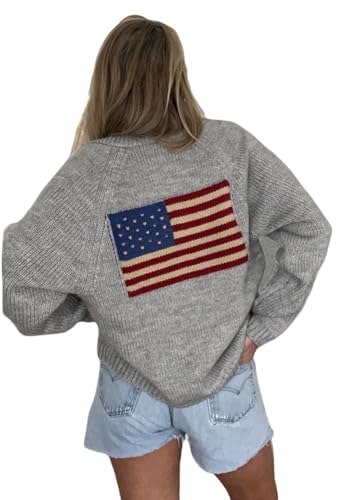 Luckinbaby Women American Flag Cardigan Long Sleeve Open Front Patriotic Sweater Oversized Knitwear Independence Day