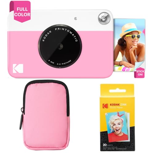 KODAK Printomatic Full-Color Instant Print Camera Starter Bundle + Soft Case + Zink 20pk Photo Paper - Colorful Photos On 2x3 Sticky-Back Paper - Fun Gift for Birthday Christmas Holiday - Pink