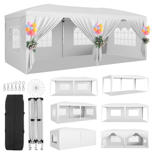 Upgraded 10x20 Pop Up Canopy Tent with 6 Removable Sidewalls, Commercial Heavy Duty Pop Up Canopy Tents for Parties, Roller Bag, Upgraded Thickened Legs, 6 Sand Bags, 18 Stakes, White
