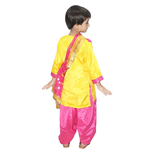 Image of Kaku Fancy Dresses Indian State Punjabi Folk Dance Costume For Kids /Salwar Suit With Dupatta For Girl Costume - Yellow & Magenta, 3-4 Years