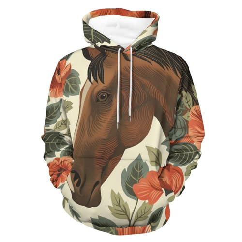 Sweat à Capuche Imprimé Fleur Cheval Brun Vintage Sweatshirt Doux S