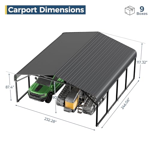 Image of 20x20 FT Heavy Duty Metal Carport, 2-Car Garage with Structural Reinforcement, Galvanized Steel Roof, Ground Anchors, 120lbs /Sq.Ft Snow /Wind Resistant Carports, Fits Pickups, Trucks, RVs, Boats