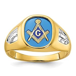 14K Yellow Gold with White Rhodium Polished and Textured with Lab Created Sapphire Blue Lodge Master Masonic Ring Size 10