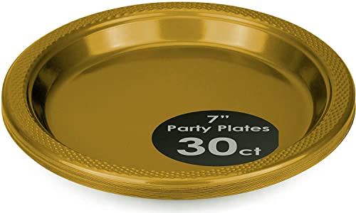 Decorrack 30 Small Plastic Plates, Heavy Duty 7 Inch Colored Plastic Dinner Plates, Disposable Party Ware For Kids Birthday, Cake Dessert Plates, Holiday Tableware, Gold (Pack Of 30) #TOP1