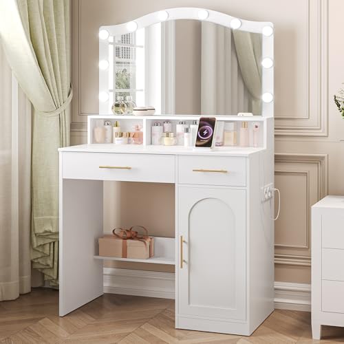 Hzuaneri Toeletta da Trucco, Specchio Grande HD, Luci LED Regolabili a 3 Colori, con Stazione di Ricarica, 2 Prese di Corrente e 2 Porte USB, 2 Cassetti e 1 Mobile Portaoggetti, Bianco-Oro, DT361HDT