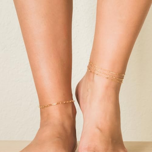 Image of NONAMOIS Ankle Bracelets for Women Dainty 18K Gold Plated Anklet Waterproof Round Beaded Paperclip Herringbone Pearl Chain Anklets Waterproof Beach Foot Jewelry