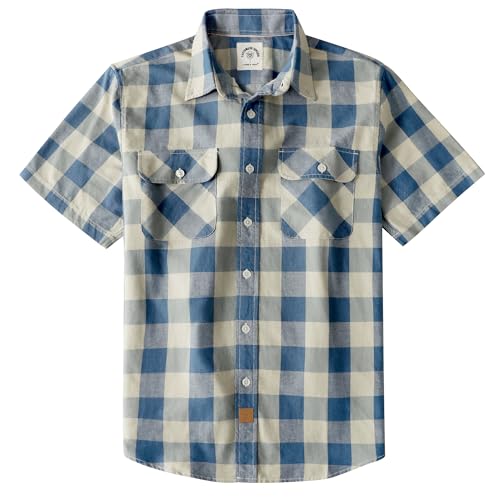 Dubinik® Camisas de manga corta con botones para hombre, 100 % algodón, a cuadros, camisas informales con botones y bolsillo, Rejilla azul y blanca., X-Large