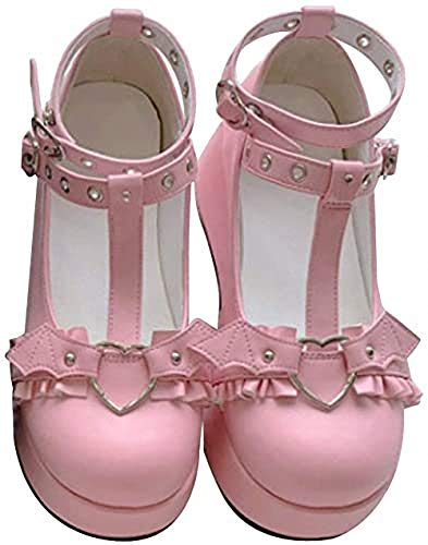 Image of Women's Platform Mary Janes Heart Cat Buckle Rivets Ankle Lolita Gothic Princess Platform Pumps Patent Leather Thorn Vintage Traditional Embroidery Upper Dress Shoes