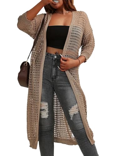 Women's Poncho Long Cardigan Beach Sunscreen Shirt in Colors (Khaki L)