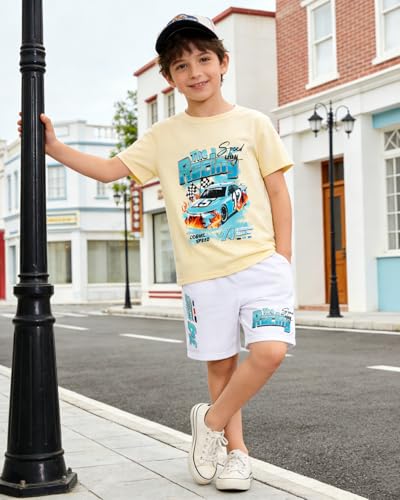 Image of OLMRJKD Boys 2 Piece Outfits Short Sleeve Colorblock T-shirt and Shorts Summer Casual Clothes for 6-12 Years