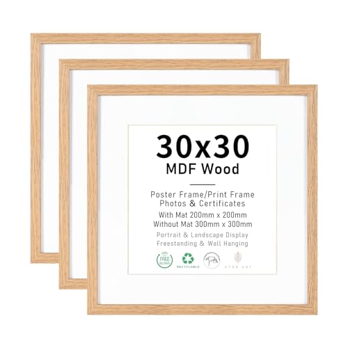 ATOBART 30x30cm Bilderrahmen MDF Holz Natur 3er Set 12x12 zoll Fotorahmen mit Acrylglas Picture Frame 30x30 zum Aufhängen Holzrahmen mit Passepartout für 20x20cm Dokumente Zertifikate Fotos Poster