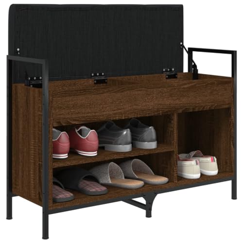 Banc à chaussures marron avec coussin d'assise et double étagère de rangement - 5