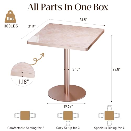Image of 31.5''Small Square Dining Table,Sintered Stone Tulip table&Metal Edge&Base | Modern Square Pedestal Dining Table for 2-4 Person ,Bistro Tables for Dining Room /Restaurants /Small Spaces /Pubs /Marble Pink