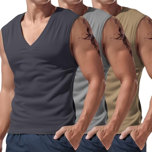 Débardeur homme été pour éviter la chaleur lot de 3 maillots de gym gris kaki taille S