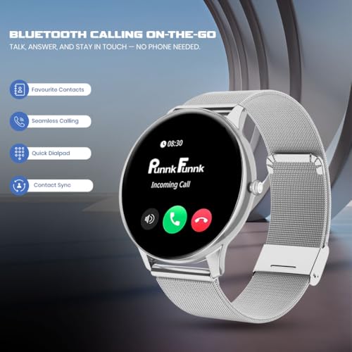 Image of PunnkFunnk Glavito Round Dial Smartwatch 1.49 inch AMOLED Display, 100+ Sports Modes, Health Tracking, Bluetooth Calling, Functional Crown Control, 100+ Watch Faces for Men & Women (Millanese Silver)