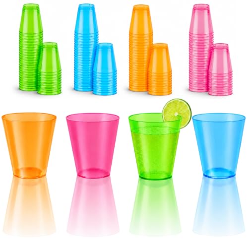 Stumbelina 100 COUNT (1 oz) NEON PLASTIC SHOT GLASS CUPS | Disposable BRIGHT MULTI-COLOR Variety Pack | Glow Party Disco Rave Trinkets Decorations Accessories Decor