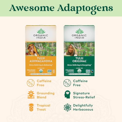 Image of Organic India Tulsi Original Herbal Tea - Holy Basil, Stress Relieving & Energizing, Immune Support, Adaptogen, Vegan, USDA Certified Organic, Non-GMO, Caffeine-Free - 18 Infusion Bags, 1 Pack