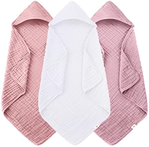 Image of Sunny zzzZZ Muslin Hooded Baby Bath Towels - 3 Pack 100% Cotton Soft Low-Saturation Pastel Towels Including Classic White for Newborns, Infants, Toddlers - 32x32 Inch - Light Sakura and White